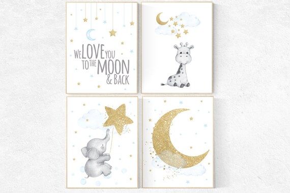 Nursery decor boy elephant, blue and gold nursery, we love you to the moon and back, blue nursery wall art, cloud and stars, giraffe nursery