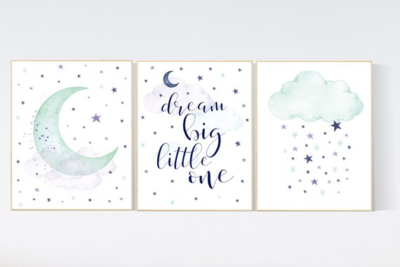 Nursery decor girl purple, Nursery decor girl elephant, dream big little one, moon and stars, purple mint, girl nursery wall art
