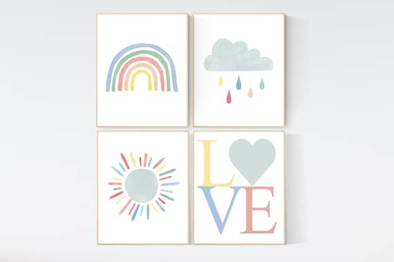 Nursery decor rainbow, neutral Rainbow Wall Art, rainbow Print Set, Cloud Rainbow Sun, Rainbow Wall Art, gender neutral, Watercolor Rainbow