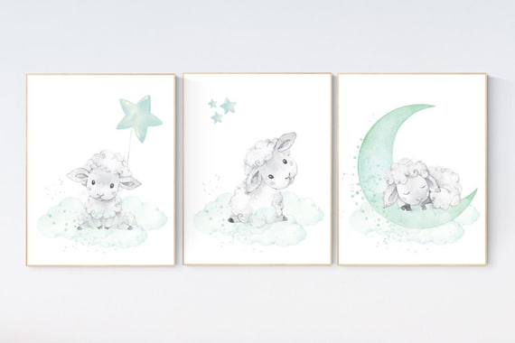 Mint nursery decor, nursery decor lambs, Sheep nursery decor, nursery wall art sheep, gender neutral nursery, cloud and star, mint green