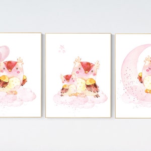 Nursery decor girl owl, nursery wall decor pink, owl nursery art, owl nursery wall art, owls nursery art, nursery wall art moon, animal