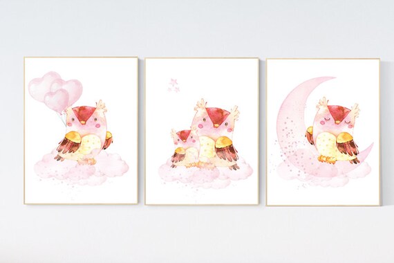 Nursery decor girl owl, nursery wall decor pink, owl nursery art, owl nursery wall art, owls nursery art, nursery wall art moon, animal