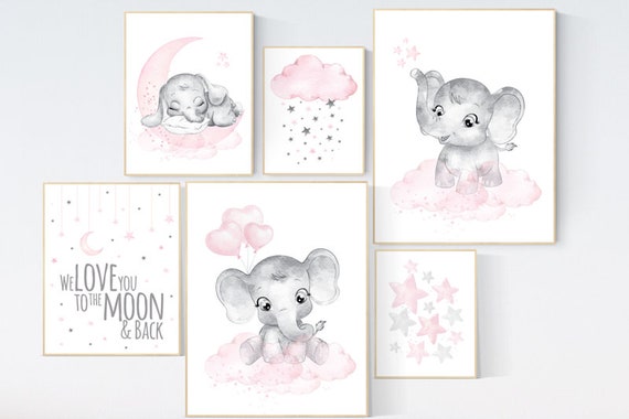 Nursery decor girl elephant, pink grey, nursery decor girl pink, nursery prints girl, nursery girl decor ideas, elephant nursery nursery art