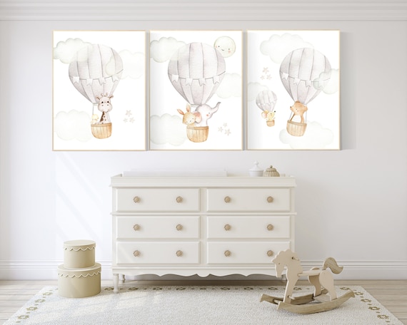 Gender neutral nursery, hot air balloon prints, woodland animals, neutral colors, baby room decor, animal prints, woodland animals, beige