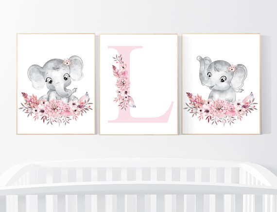 Nursery wall art elephant, nursery decor girl flower, nursery decor girl floral, Boho baby room, pink nursery decor, flower baby room