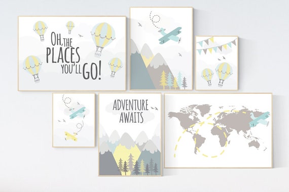 Adventure nursery decor, Nursery decor boy mountains adventure, nursery decor boy airplane, world map nursery, adventure awaits, yellow blue