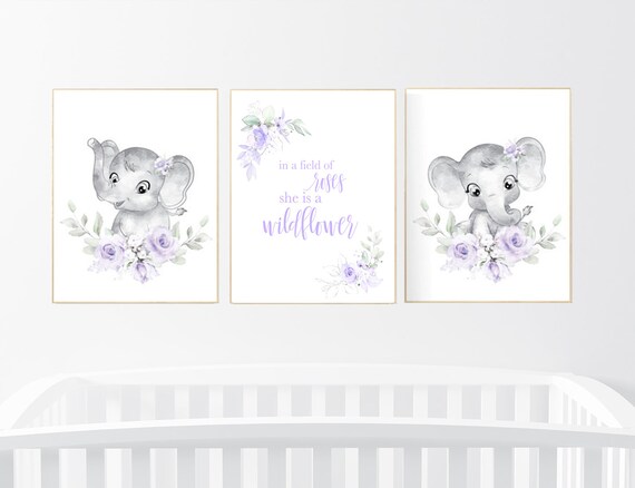 Purple nursery, Boho baby room, nursery wall art elephant, nursery decor girl, nursery decor girl floral, lilac nursery decor, lavender