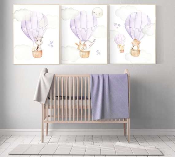 Nursery decor girl woodland, hot air balloon nursery purple, hot air balloon nursery animal, lilac nursery, elephant, giraffe, bear, bunny
