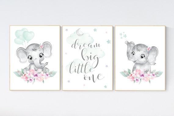 Nursery decor floral, elephant nursery decor , Nursery wall art girl elephant, mint, pink, purple, nursery wall decor, girl nursery ideas