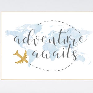 Nursery decor boy, adventure nursery, world map, adventure awaits, world map print, navy blue, plane nursery, nursery wall decor, blue gold