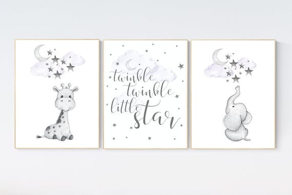 Nursery wall art girl giraffe, Nursery decor girl purple, lilac, nursery decor elephant, elephant giraffe, twinkle twinkle little star
