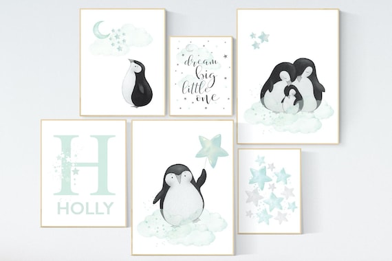 Nursery decor mint, mint green nursery, penguins, penguin, gender neutral nursery, mint green nursery wall decor, animal prints, wall decor