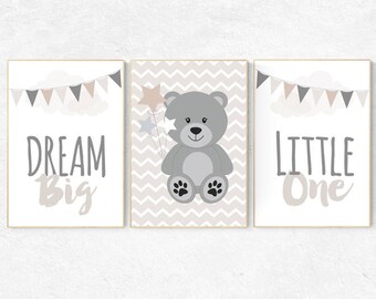 Bear nursery decor, gender neutral nursery, dream big little one, neutral nursery, nursery wall art bear, bear nursery print, gray nursery