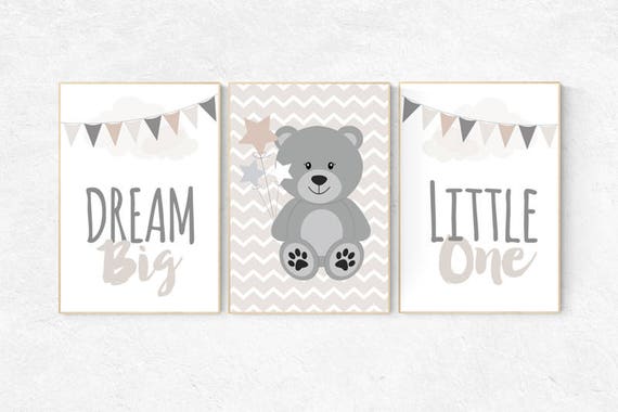 Bear nursery decor, gender neutral nursery, dream big little one, neutral nursery, nursery wall art bear, bear nursery print, gray nursery