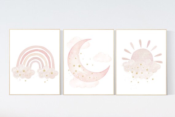 Nursery prints rainbow, blush Nursery decor girl, blush gold nursery wall art, blush pink, moon star, cloud, nursery wall art, sun nursery