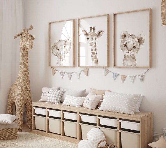 Nursery wall art animals, gender neutral nursery, neutral nursery, baby room decor, elephant, giraffe, animal prints, neutral nursery