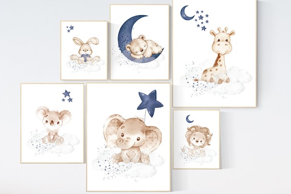 Animal nursery wall art, Nursery decor boy , elephant, bunny, bear, giraffe, lion, koala, baby room art, navy blue nursery, animal prints