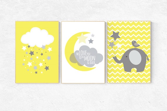 Yellow gray nursery, we love you to the moon and back, nursery decor, yellow nursery decor, moon nursery, elephant nursery, baby room decor