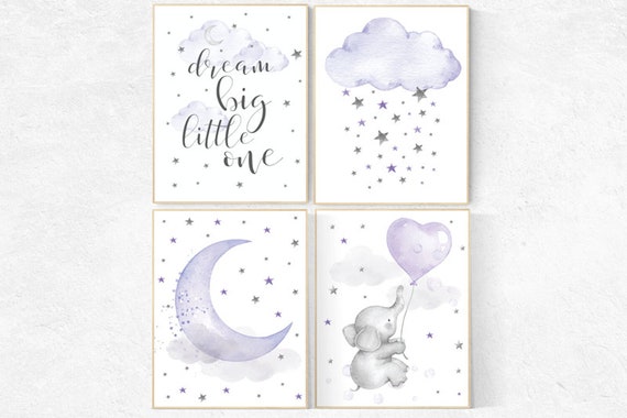 Baby room decor elephant, purple nursery wall art, nursery decor lavender, lilac, dream big little one, cloud and stars, baby room decor