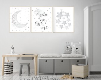 Nursery wall art gender neutral, gray nursery, grey nursery, nursery decor neutral, baby room decor, cloud and stars, dream big little one