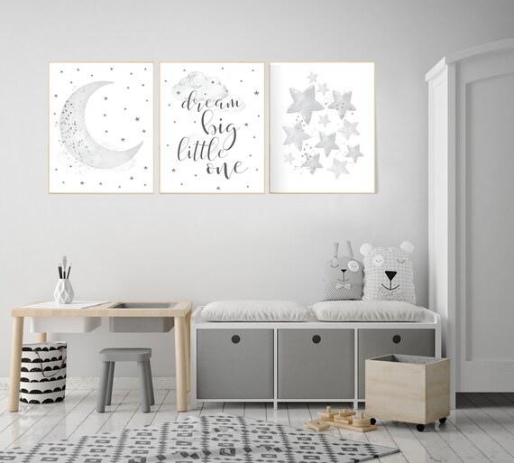 Nursery wall art gender neutral, gray nursery, grey nursery, nursery decor neutral, baby room decor, cloud and stars, dream big little one