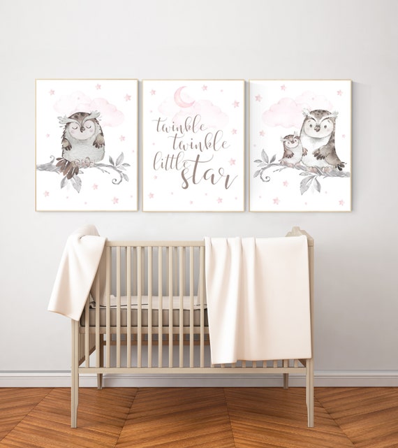 Owl print nursery, Pink nursery decor, Owl nursery wall art, baby girl room decor, twinkle twinkle little star, nursery ideas for girls