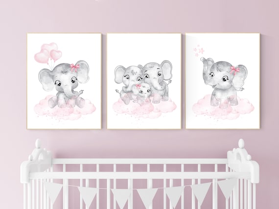 Nursery wall art girl elephant, Nursery decor girl pink and gray, girl nursery ideas, pink grey nursery wall decor, nursery prints girl