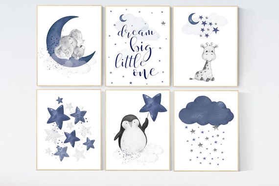 Nursery decor boy elephant, nursery wall art boy, moon and stars, navy blue, penguin, giraffe, dream big little one, navy nursery set