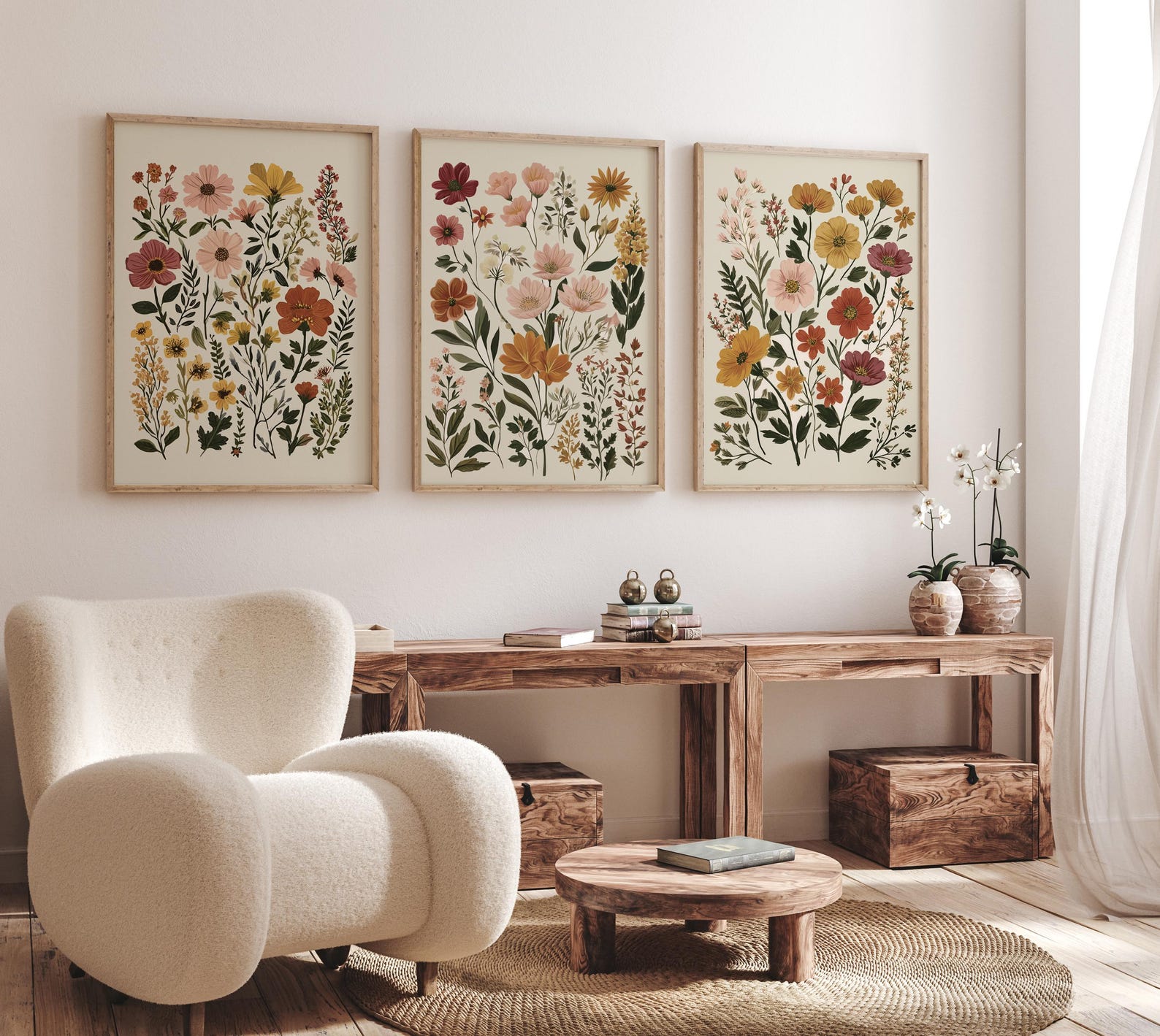 Botanical Flower Wall Art Set of 3, Neutral Floral Prints, Boho ...