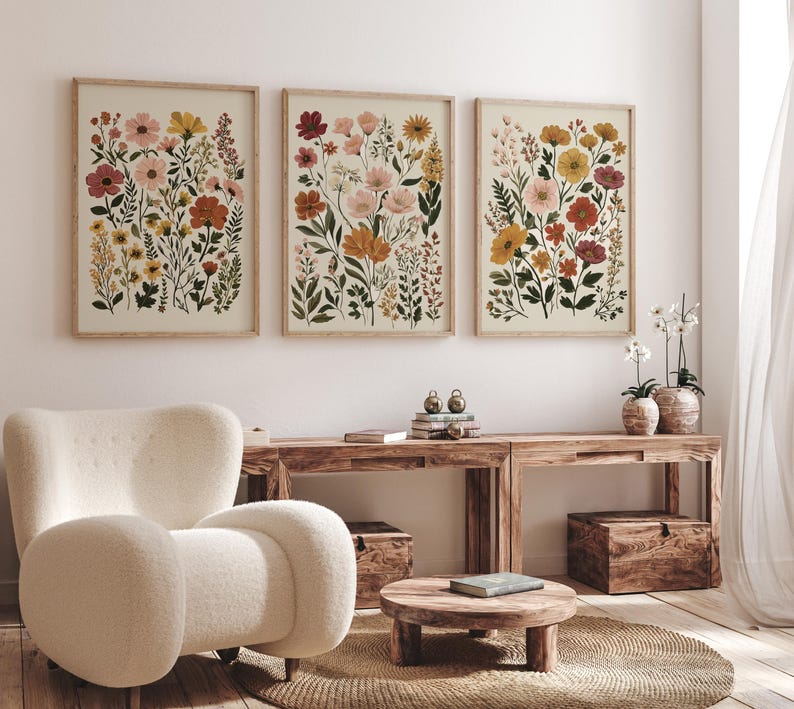 Botanical Flower Wall Art Set of 3, Neutral Floral Prints, Boho ...