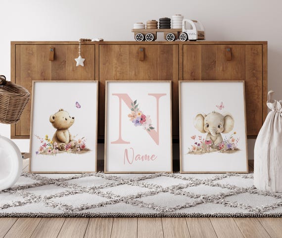 Personalized Nursery Wall Art Set with Bear & Elephant | Floral Baby Name Print | Neutral Pink Nursery Decor | Girl Room Prints