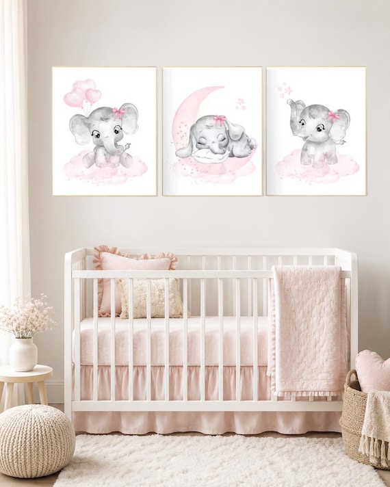 Elephant Nursery Art: Pink & Gray Baby Girl Prints