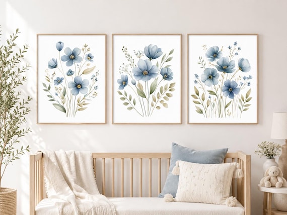 Blue Wildflower Nursery Wall Art Set of 3, Watercolor Floral Prints, Baby Girl Nursery