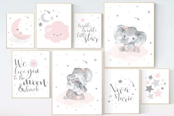 Nursery wall art girl moon and stars, nursery decor girl pink, we love you to the moon and back, moon and stars, baby room decor girl