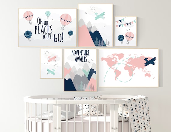 Adventure awaits nursery, Mountain art print set, coral navy mint, Adventure nursery,  coral mint girl, airplane, world map, hot air balloon