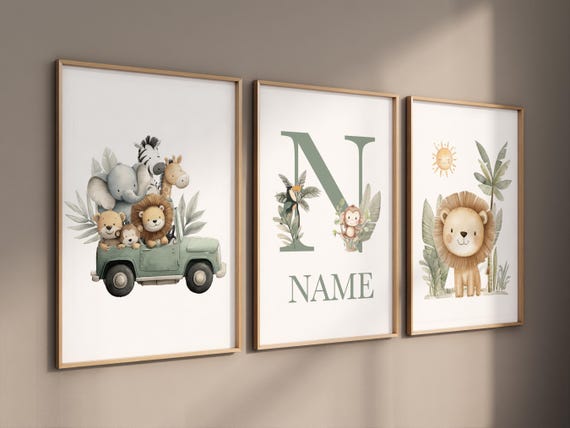 Personalized Safari Nursery Art: Jungle Animal Prints Set