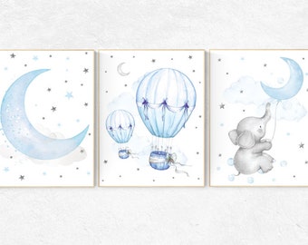 Nursery decor elephant, Nursery decor boy hot air balloon, nursery wall art boy, blue and gray, baby room decor, nursery prints, moon, stars