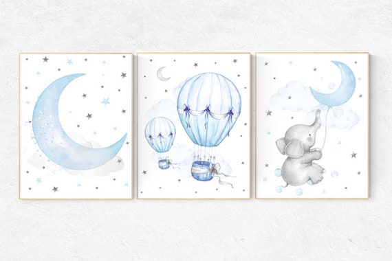 Nursery decor elephant, Nursery decor boy hot air balloon, nursery wall art boy, blue and gray, baby room decor, nursery prints, moon, stars