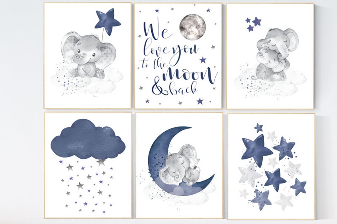 Navy Blue Nursery Wall Art, Nursery Decor Boy Elephant, Nursery Wall