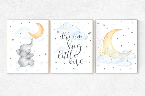 Nursery wall art elephant, nursery decor neutral, dream big little one, cloud and stars, moon nursery decor, moon and stars, gender neutral