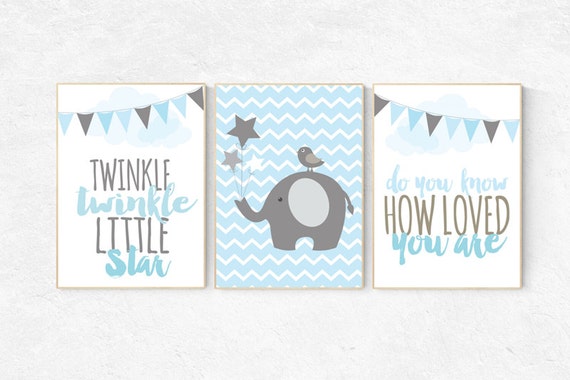 Elephant nursery art, Twinkle Twinkle Little Star, Baby boy nursery decor, Blue gray nursery, boys room wall art, baby room, set of 3