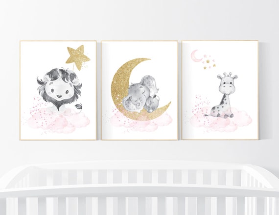 Nursery wall art lion, pink gold nursery decor, elephant, giraffe, animal prints, girl nursery ideas, nursery prints girl, cloud, moon stars