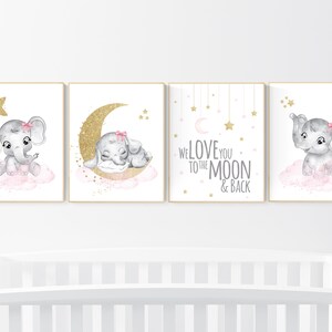 Nursery decor girl elephant, pink and gold nursery, we love you to the moon and back, pink nursery art, cloud and stars, baby room decor