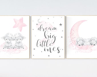 Elephant nursery art, twin nursery decor, elephant nursery print, twin nursery art, moon and stars, pink nursery, twin babies, pink grey