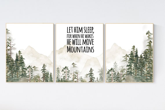 Nursery decor mountain, nursery wall art, tree nursery decor, adventure theme nursery, forest, sage green, beige, woodland animals