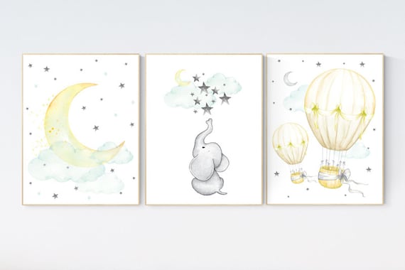 Mint and yellow nursery, nursery decor elephant, cloud and star, teal and yellow, nursery decor boy teal, gender neutral nursery, elephant