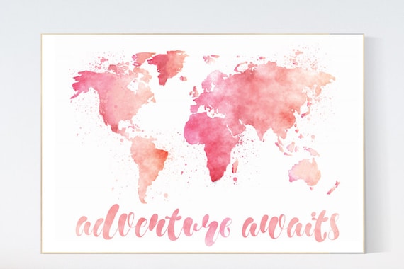 Watercolor World Map pink, Adventure Awaits, nursery wall art, nursery Print Room Decor Kid Children toddler room decor, baby girl pink map