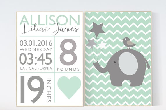 Baby birth stats, Mint nursery decor, elephant nursery, new baby gift, birth announcement, baby birth stats, nursery wall art baby name sign