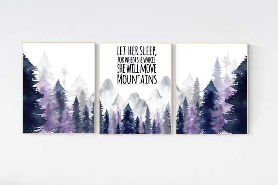 Nursery decor woodland, mountain wall art, tree nursery decor, adventure theme nursery, forest, navy, purple nursery, woodland animals