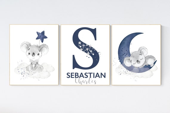 Navy nursery decor, koala nursery, moon and stars, navy blue nursery art, nursery prints animals, boy nursery decor, koala mother and baby